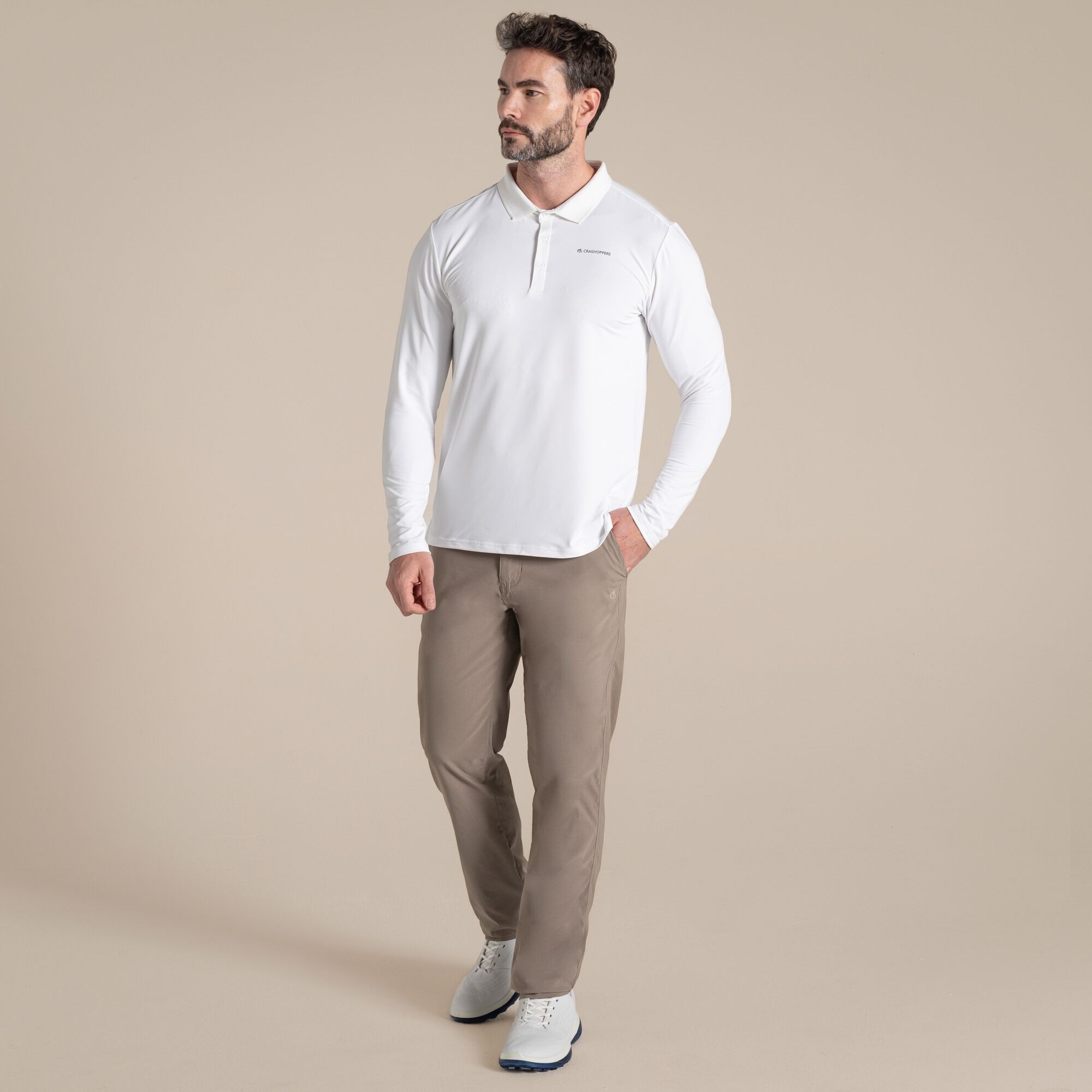 Craghoppers Men's NosiLife Bramshaw Golf Long Sleeved Polo Top White