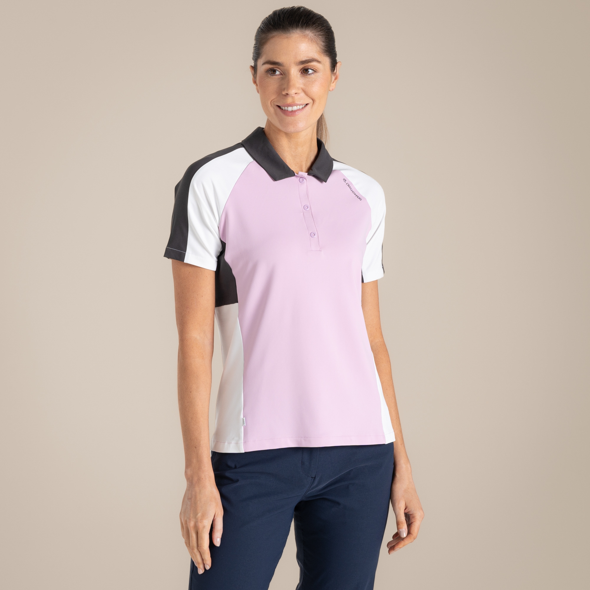 Craghoppers Women's NosiLife Hazelmere Golf Short Sleeved Polo Top Orchid / White