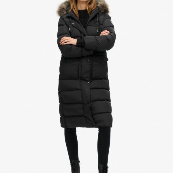 Superdry Women's Faux Fur Hooded Longline Coat - 10 - Black, Black,Khaki