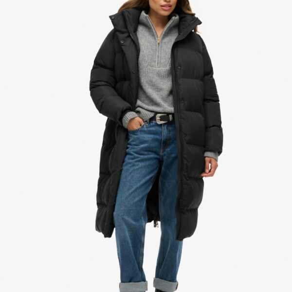 Superdry Women's Padded Hooded Oversized Longline Puffer Jacket - 8 - Black, Black,Brown