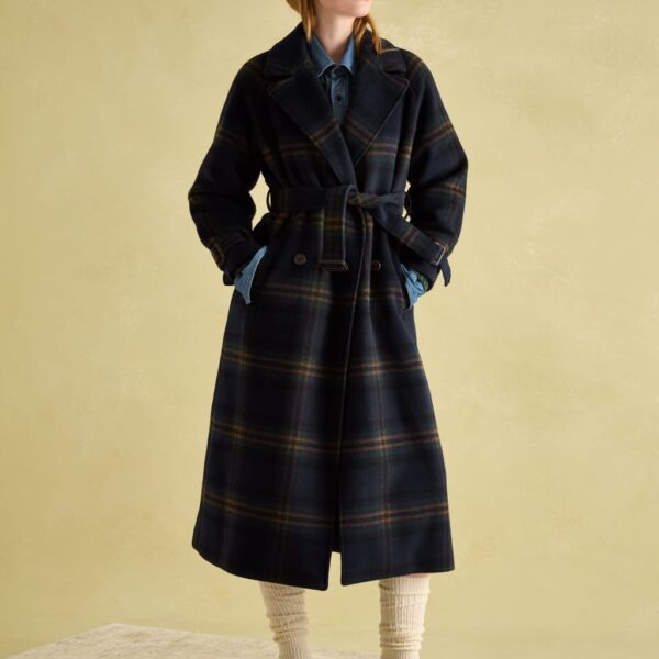 Joules Women's Wool Blend Checked Trench Style Coat - M - Navy Mix, Navy Mix