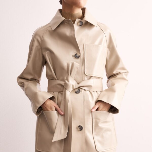 Jaeger Women's Leather Belted Single Breasted Trench Coat - 14 - Ivory, Ivory