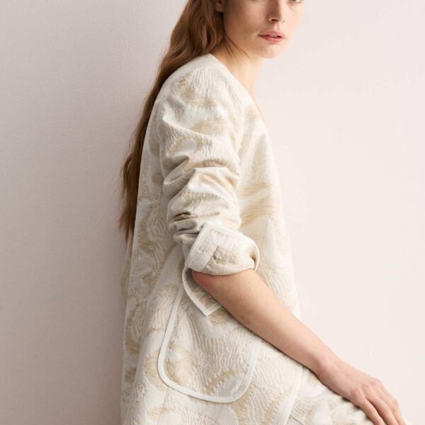 Jaeger Women's Cotton Rich Jacquard Collarless Jacket - 12 - Beige Mix, Beige Mix