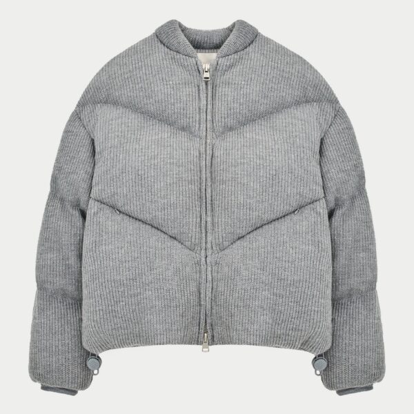 Knitted Chevron Panelled Puffer Coat - Grey Marl