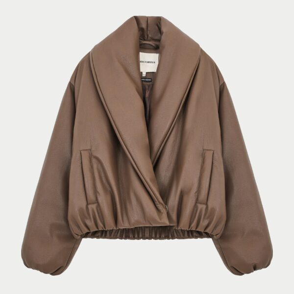 Oversized Collar Faux Leather Puffer Coat - Brown