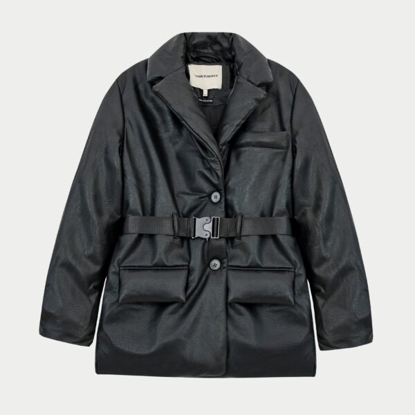Faux Leather Padded Blazer Coat - Black