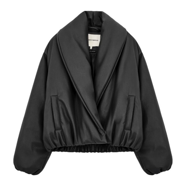 Oversized Collar Faux Leather Puffer Coat - Black