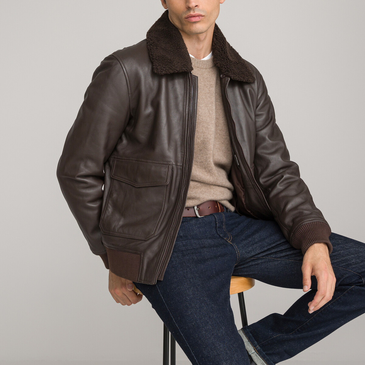 Smooth Leather Aviator Jacket with Sherpa Collar
