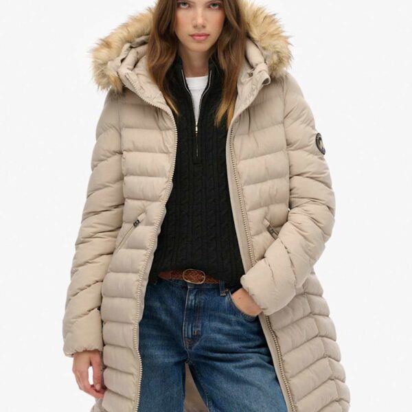 Superdry & Co Hooded Funnel Neck Longline Puffer Jacket Cream