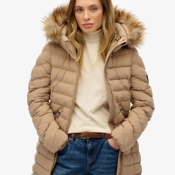 Superdry & Co Hooded Funnel Neck Longline Puffer Jacket Beige