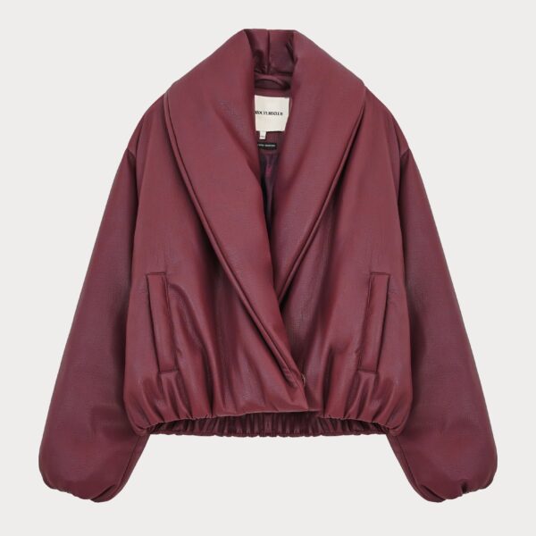 Oversized Collar Faux Leather Puffer Coat - Burgundy