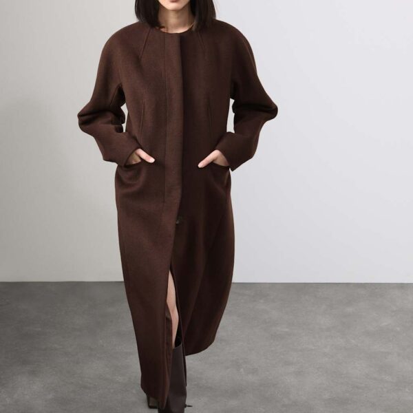 Autograph Wool Blend Collarless Longline Coat Chocolate