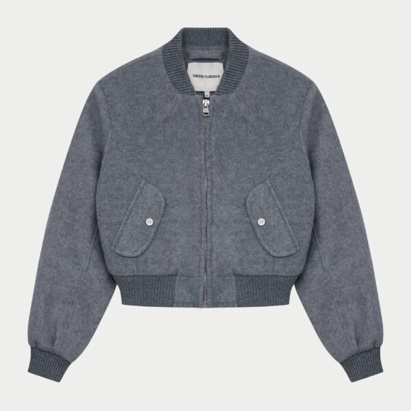 Shoulder Padded Wool Blend Bomber Jacket - Grey Marl