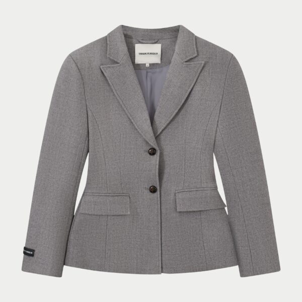 Herringbone Cinched Waist Tailored Blazer - Grey