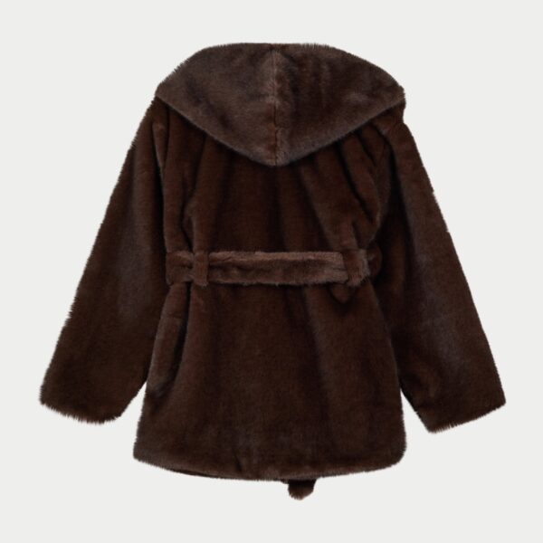 Belted Faux Fur Hooded Coat - Chocolate