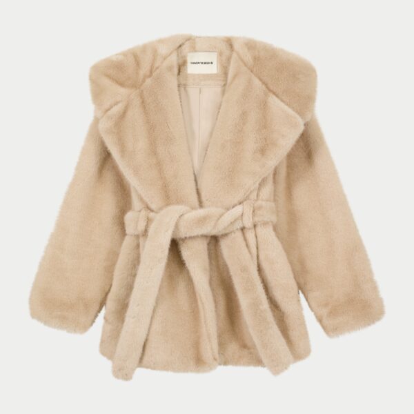Belted Faux Fur Hooded Coat - Beige