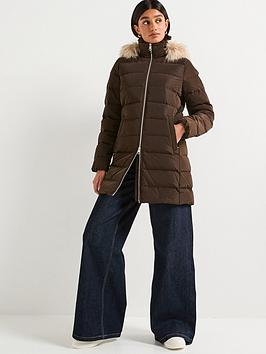 Tommy Hilfiger Mid Length Puffer Slim Coat With Fur Hood - Brown