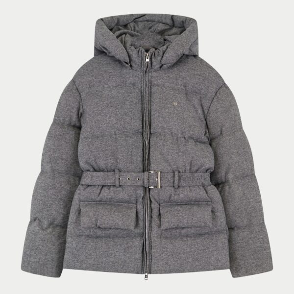 Woven Belted Puffer Coat - Grey