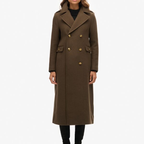 Superdry & Co Pure Wool Double Breasted Longline Coat Khaki