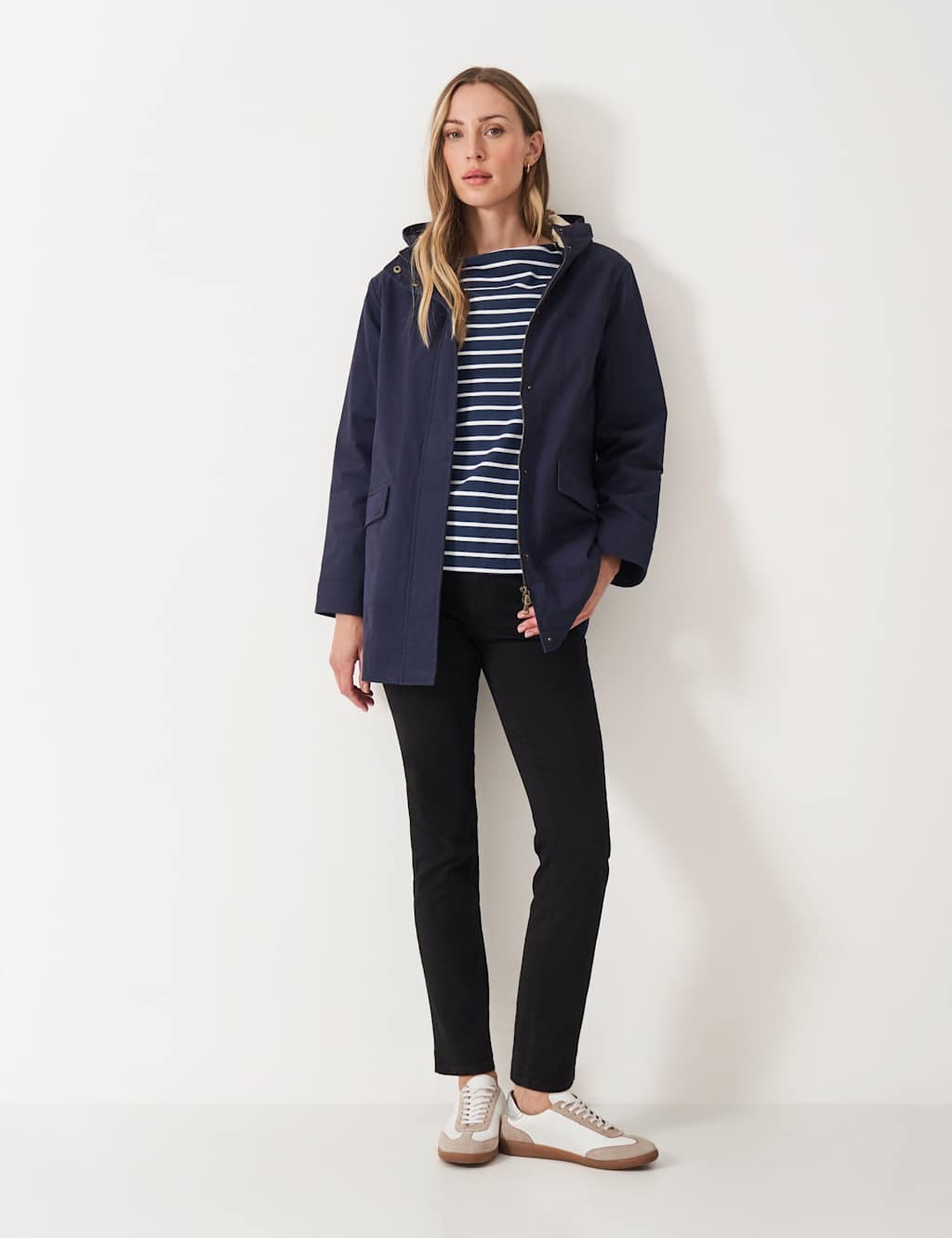 Crew Clothing Cotton Rich Showerproof Hooded Raincoat Navy