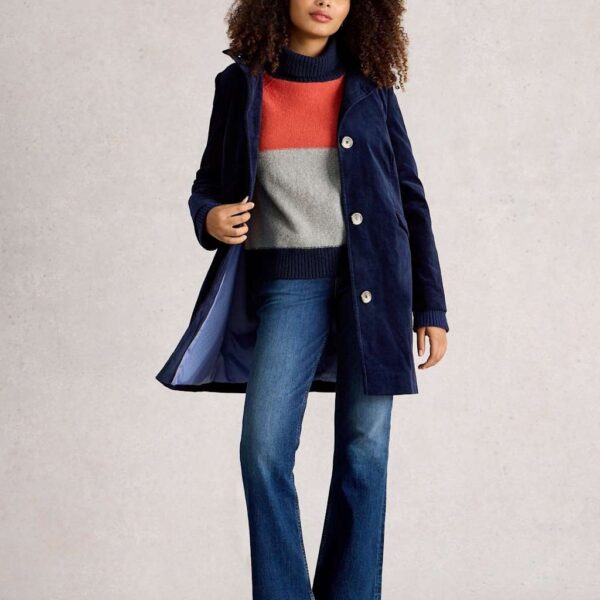 White Stuff Cotton Rich Velvet Overcoat Navy
