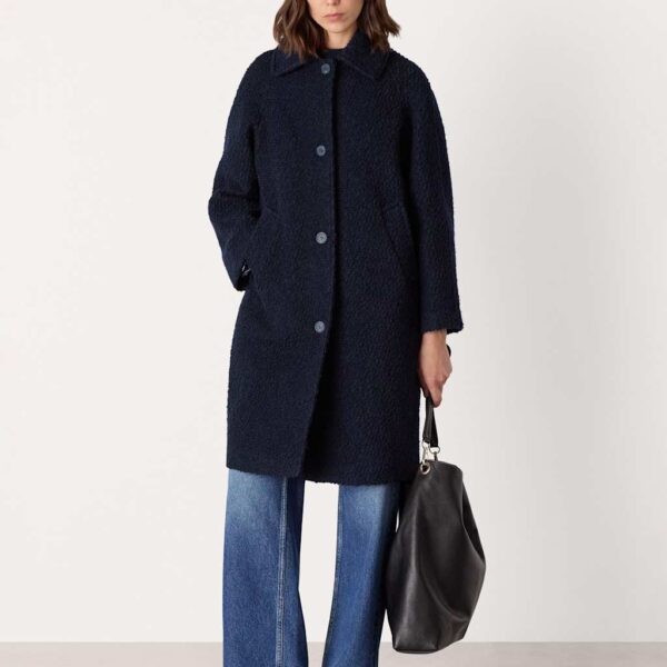 Whistles Wool Rich Bouclé Relaxed Collared Coat Navy