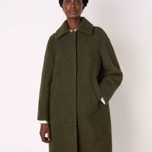 Whistles Wool Rich Bouclé Relaxed Collared Coat Khaki