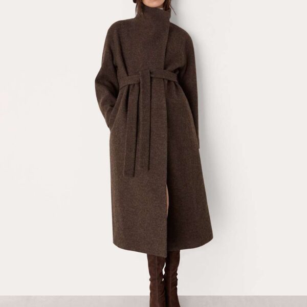 Whistles Pure Wool Belted Funnel Neck Wrap Coat Taupe