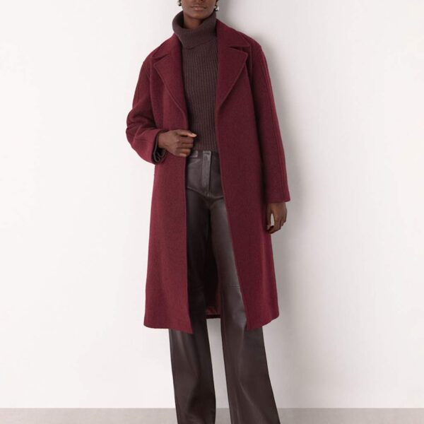 Whistles Pure Wool Textured Belted Longline Wrap Coat Burgundy