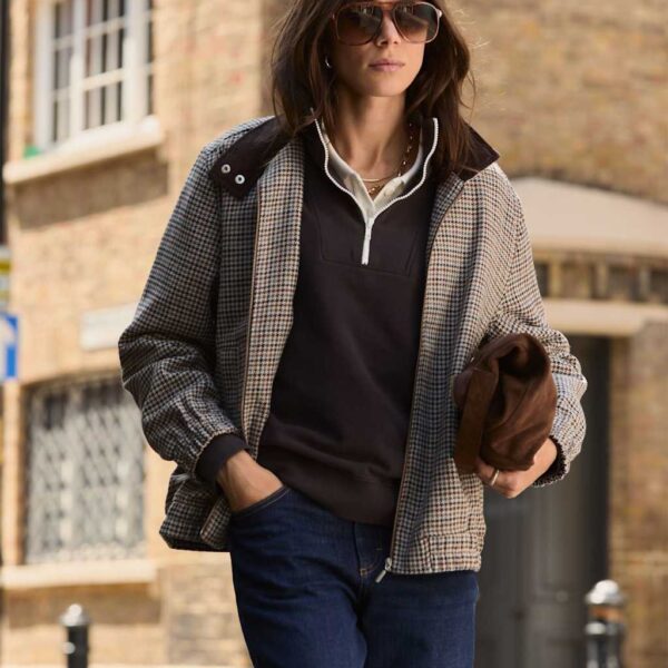 BAUKJEN Dogtooth High Neck Bomber Jacket with Wool Neutral