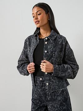 Allsaints Nicky Leopard Print Denim Shacket - Black
