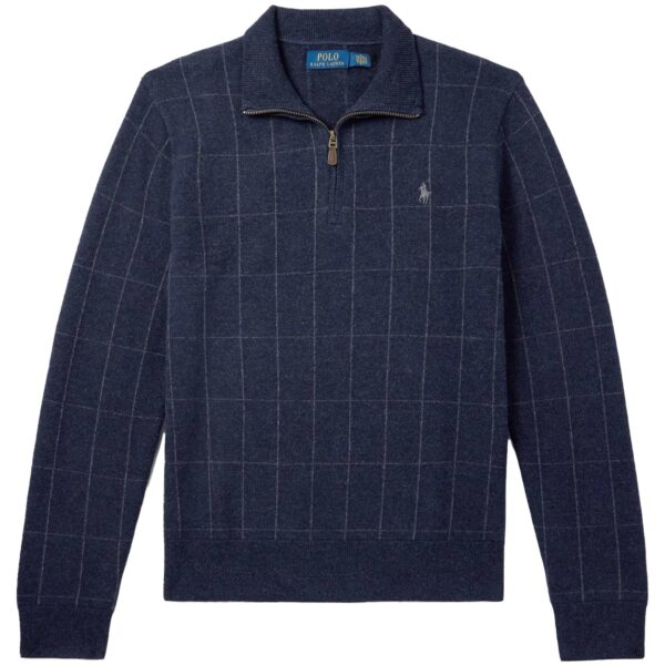 Checked Wool Half-Zip Sweater - Navy