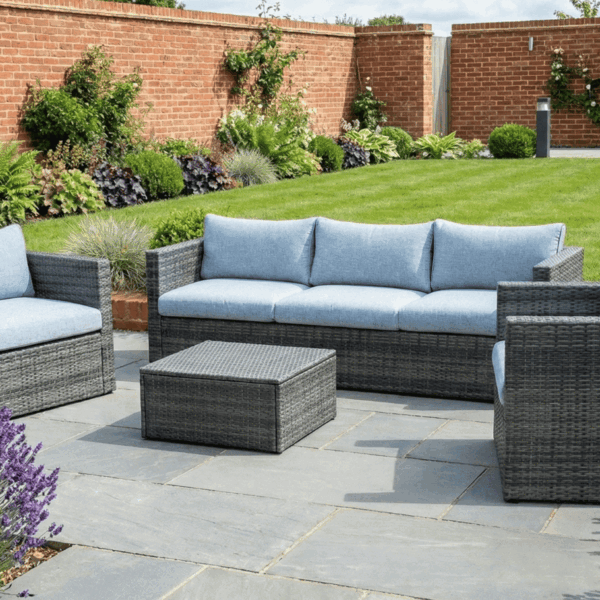 Lima 5 Seater Grey Polyrattan Garden Sofa Set Bundle with Armchair, Coffee Table & Protective Cover