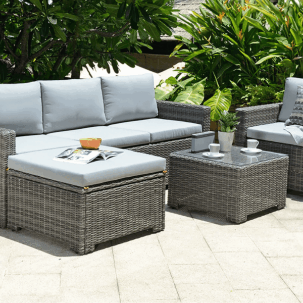 Marbella Grey 5-Seater Garden Sofa Set with Ottoman and Cover Bundle