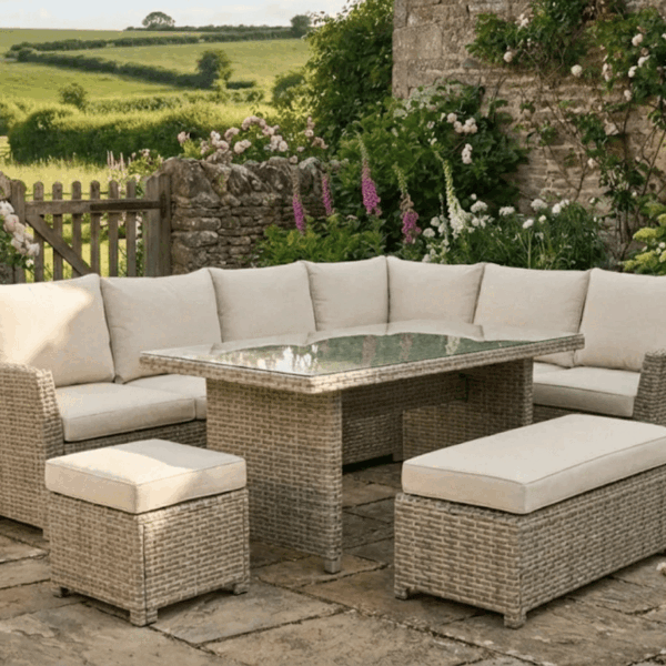 Palma Beige Corner Rattan 9 Seater Garden Dining Lounge Set and Protective Cover Bundle