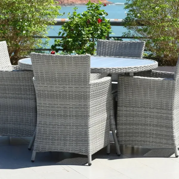 Bridgetown 4 Seater Round Garden Dining Set | Grey Rattan & Polywood | 120cm Table