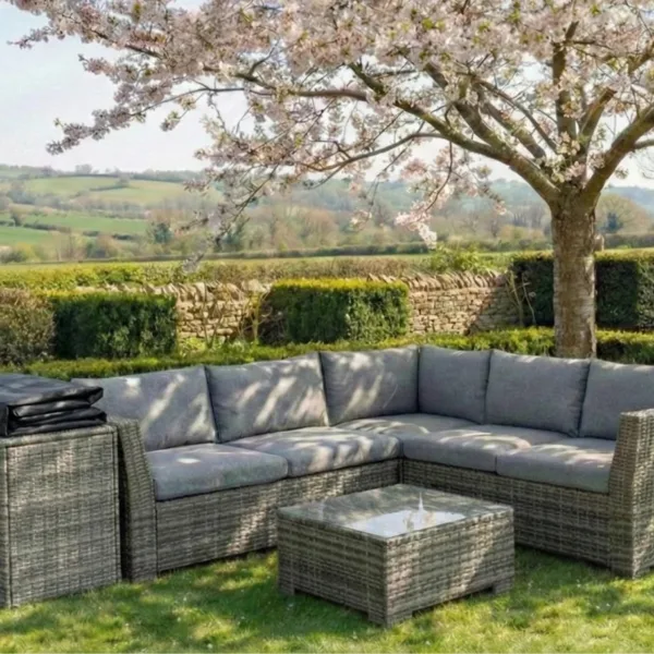 Chesterton Grey 5 Seater Corner Rattan Garden Sofa Lounge Set, Cover and Cushion Box Bundle
