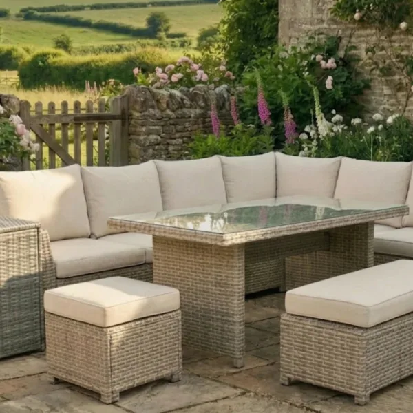 Palma Beige Corner Rattan 9 Seater Garden Dining Lounge Set and Cushion Storage Box Bundle
