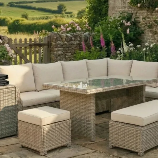 Palma Beige Corner Rattan 9 Seater Garden Dining Lounge Set, Protective Cover and Cushion Storage Box Bundle