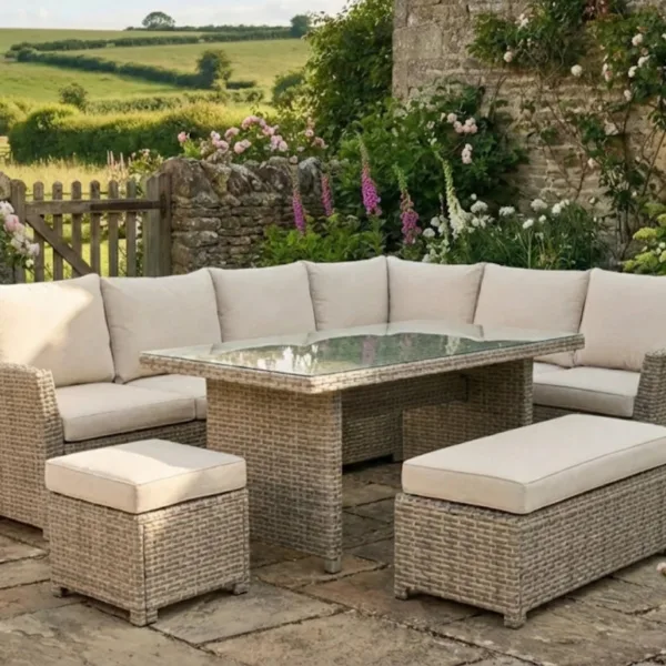 Palma Beige Corner Rattan Casual Garden Dining and Lounge Set 9 Seater