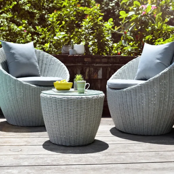 Pod 2 Seater Round Rattan Bistro Grey Garden Set for Balcony Cushions & Glass Table