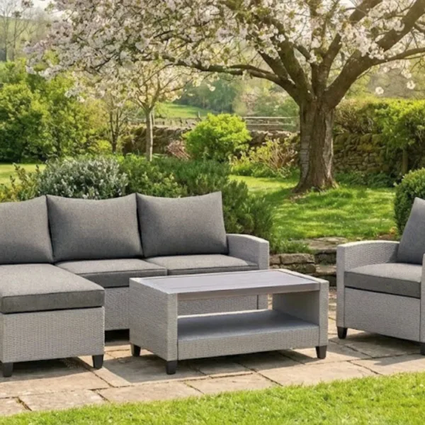Stockholm Rattan Grey 4 Seater Garden Chaise Lounge Set with Armchair
